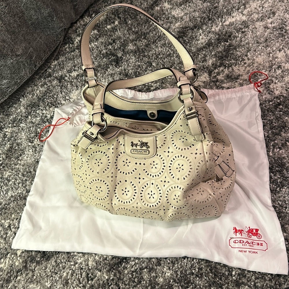 Coach Ivory Laser Cut Leather Maggie Shoulder Bag